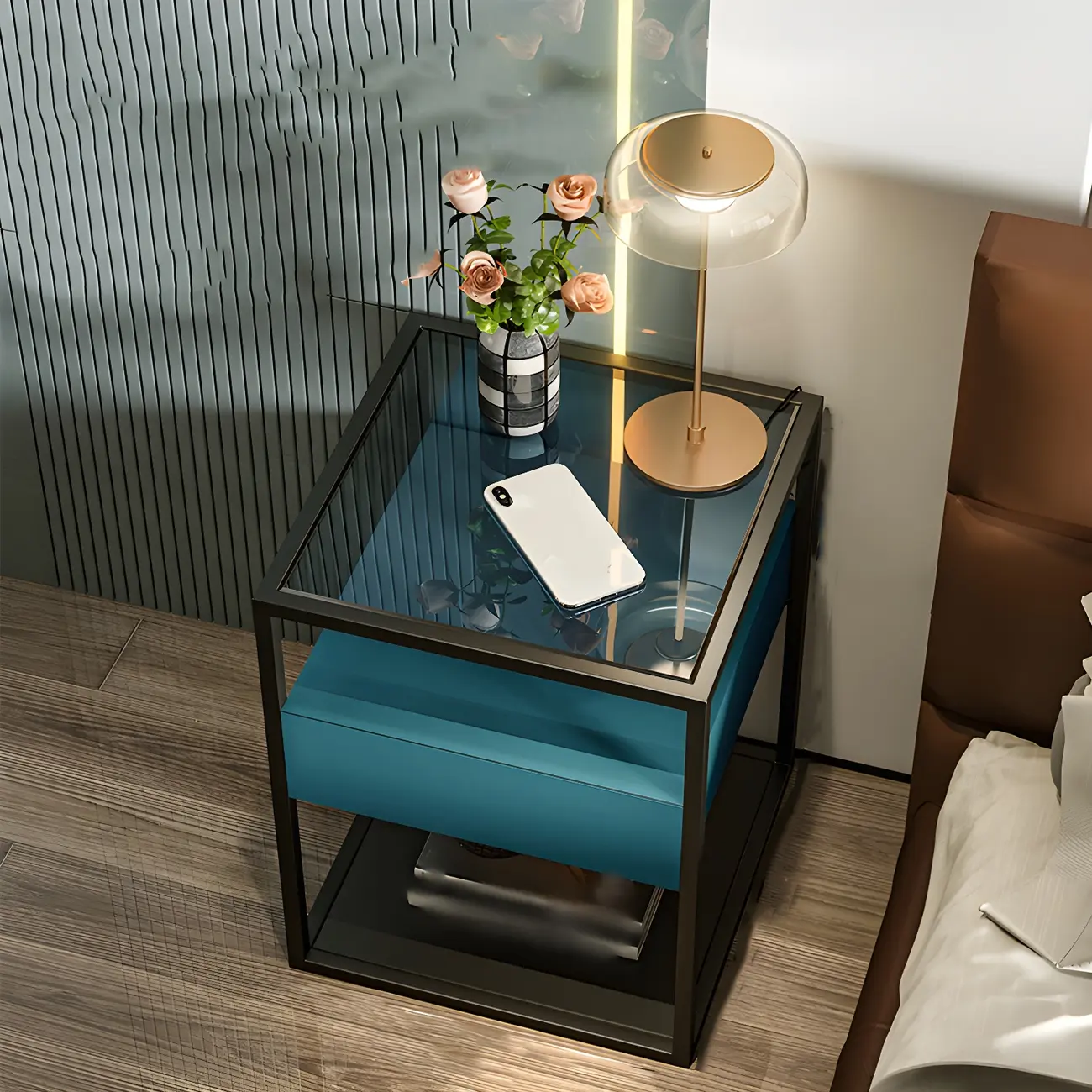 Modern Blue Nightstand with Glass Top and Drawer Storage Image - 7 | homeyfad
