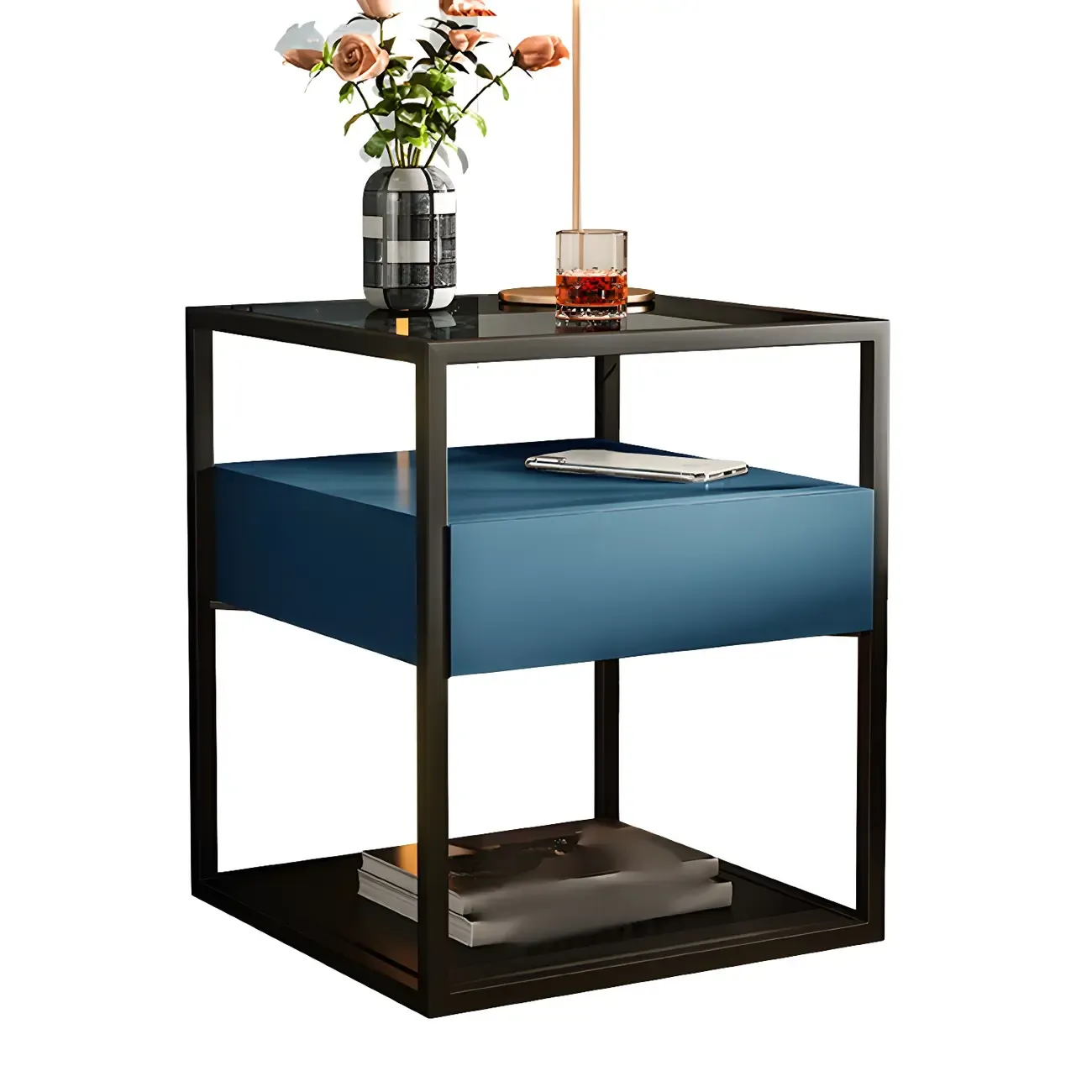 Modern Blue Nightstand with Glass Top and Drawer Storage Image - 8
