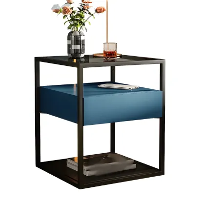 Modern Blue Nightstand with Glass Top and Drawer Storage Image - 8