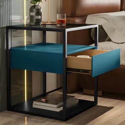 Modern Blue Nightstand with Glass Top and Drawer Storage Image - 12