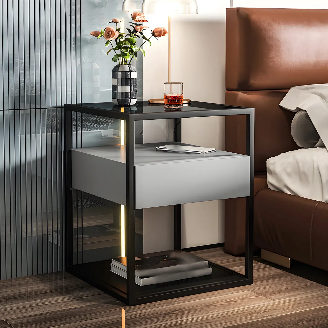 Modern Blue Nightstand with Glass Top and Drawer Storage Image - 13 | homeyfad