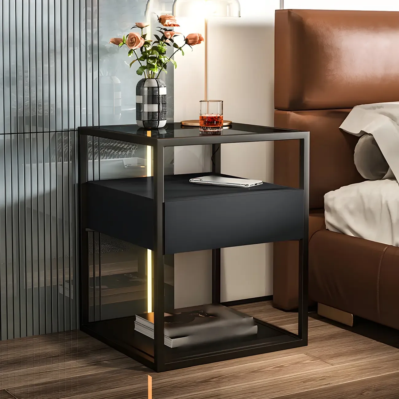 Modern Blue Nightstand with Glass Top and Drawer Storage Image - 14
