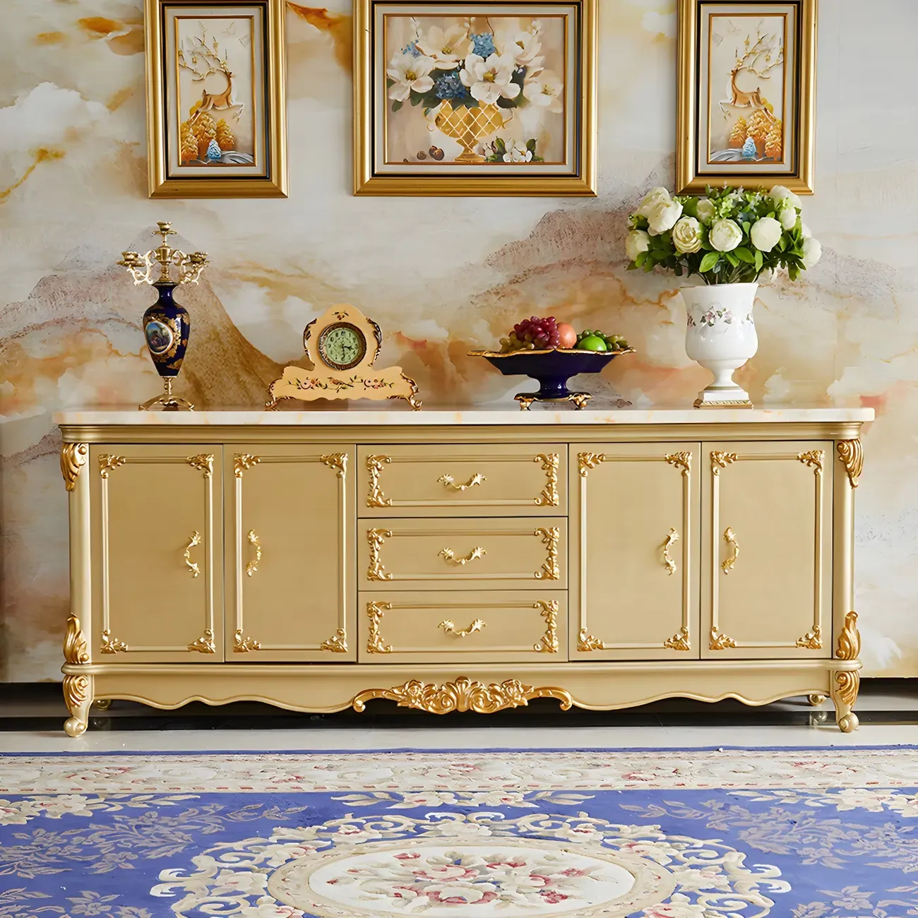 Luxury Gold Wooden Sideboard with Drawers and Doors Image - 1