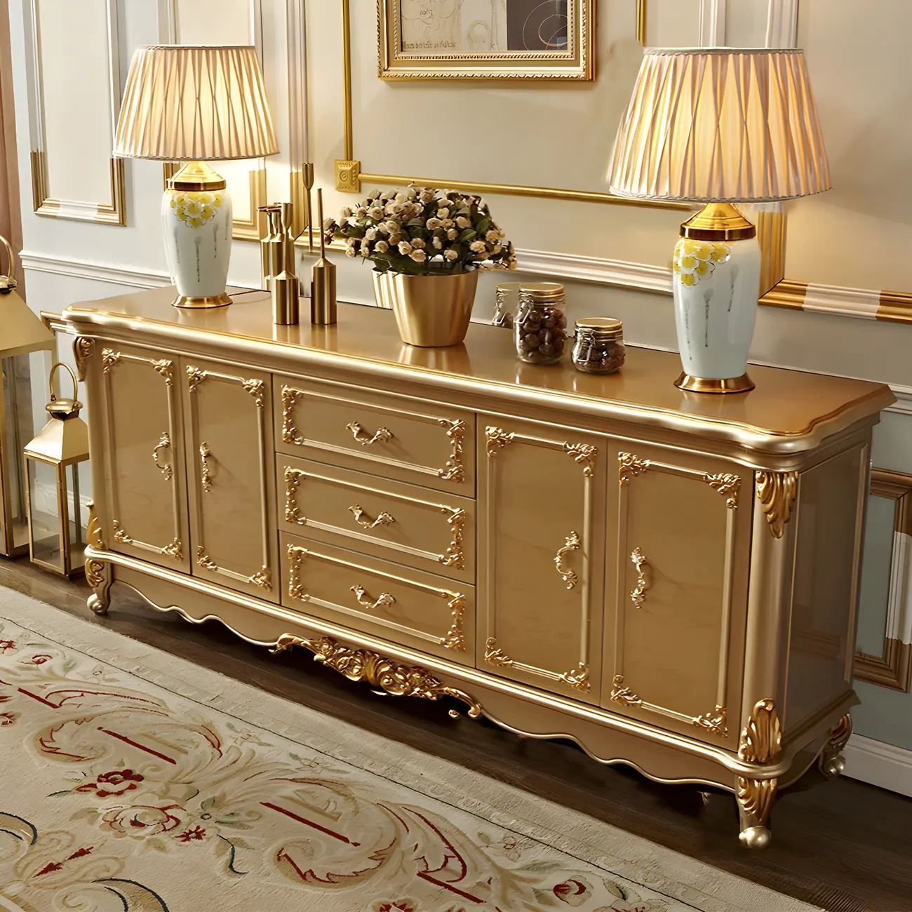 Luxury Gold Wooden Sideboard with Drawers and Doors Image - 2 | homeyfad