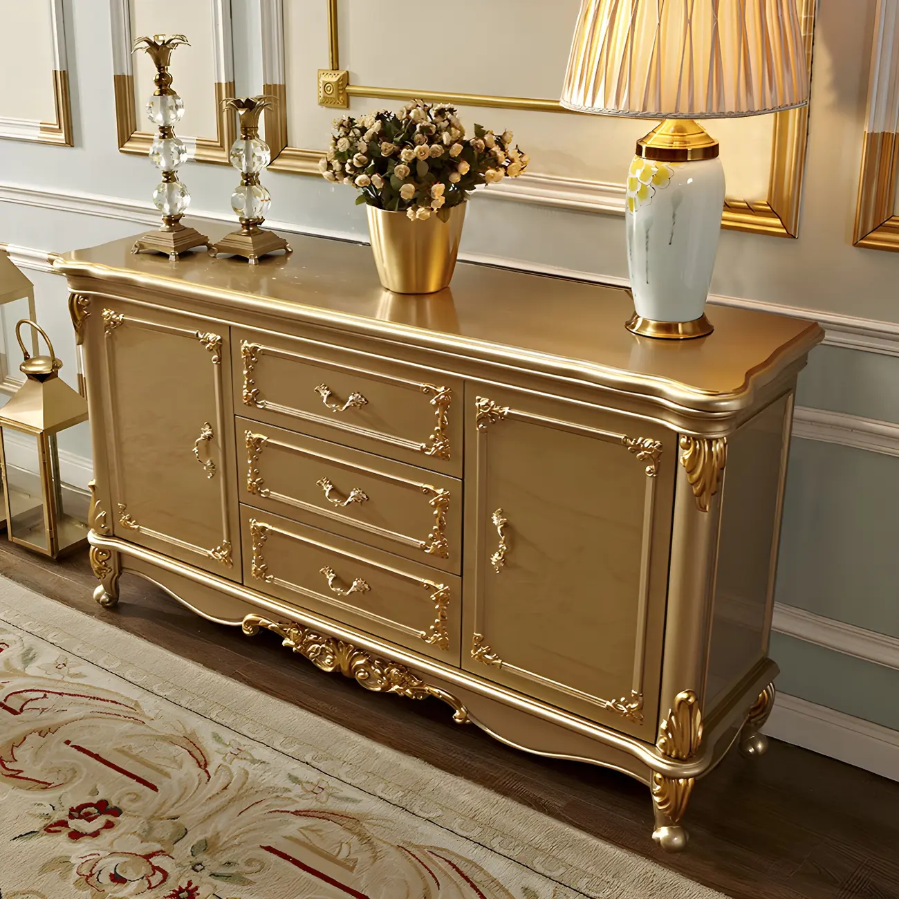 Luxury Gold Wooden Sideboard with Drawers and Doors Image - 3 | homeyfad