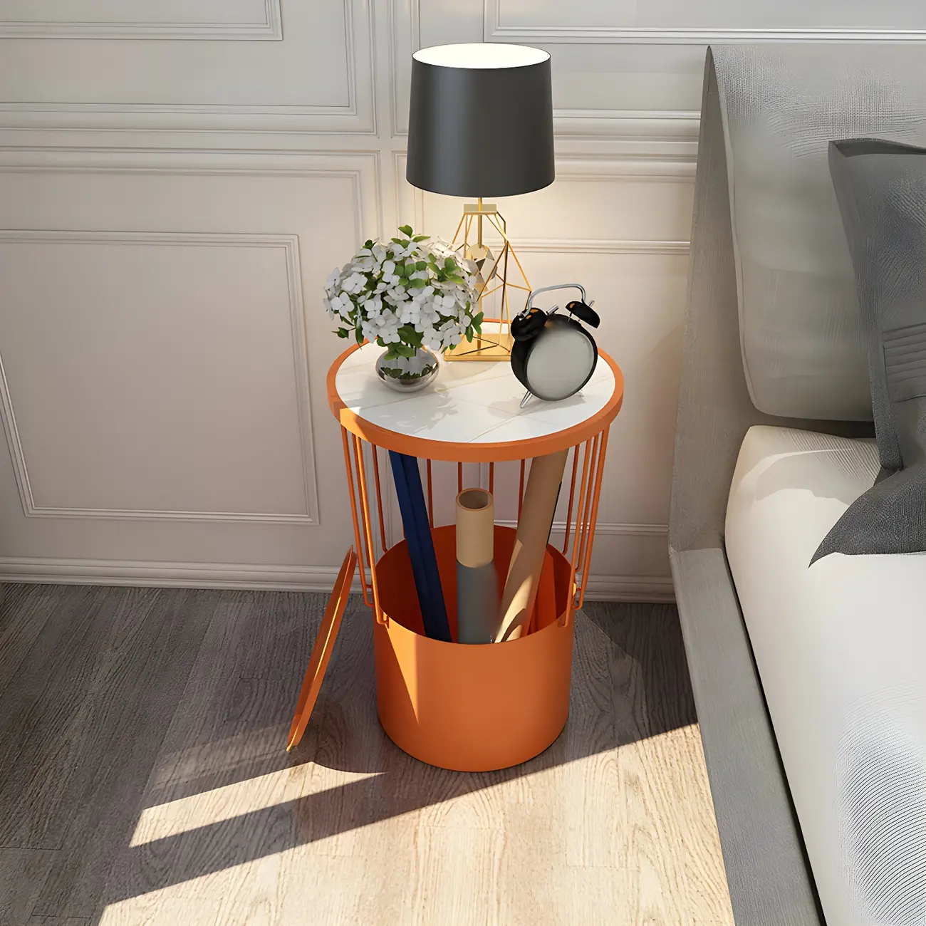 Modish Style Metal Drum Shape Bedside Table with Open Storage Image - 1 | homeyfad