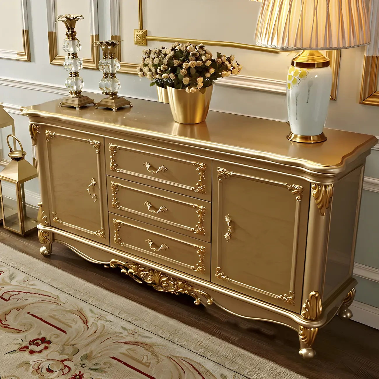 Luxury Gold Wooden Sideboard with Drawers and Doors Image - 7