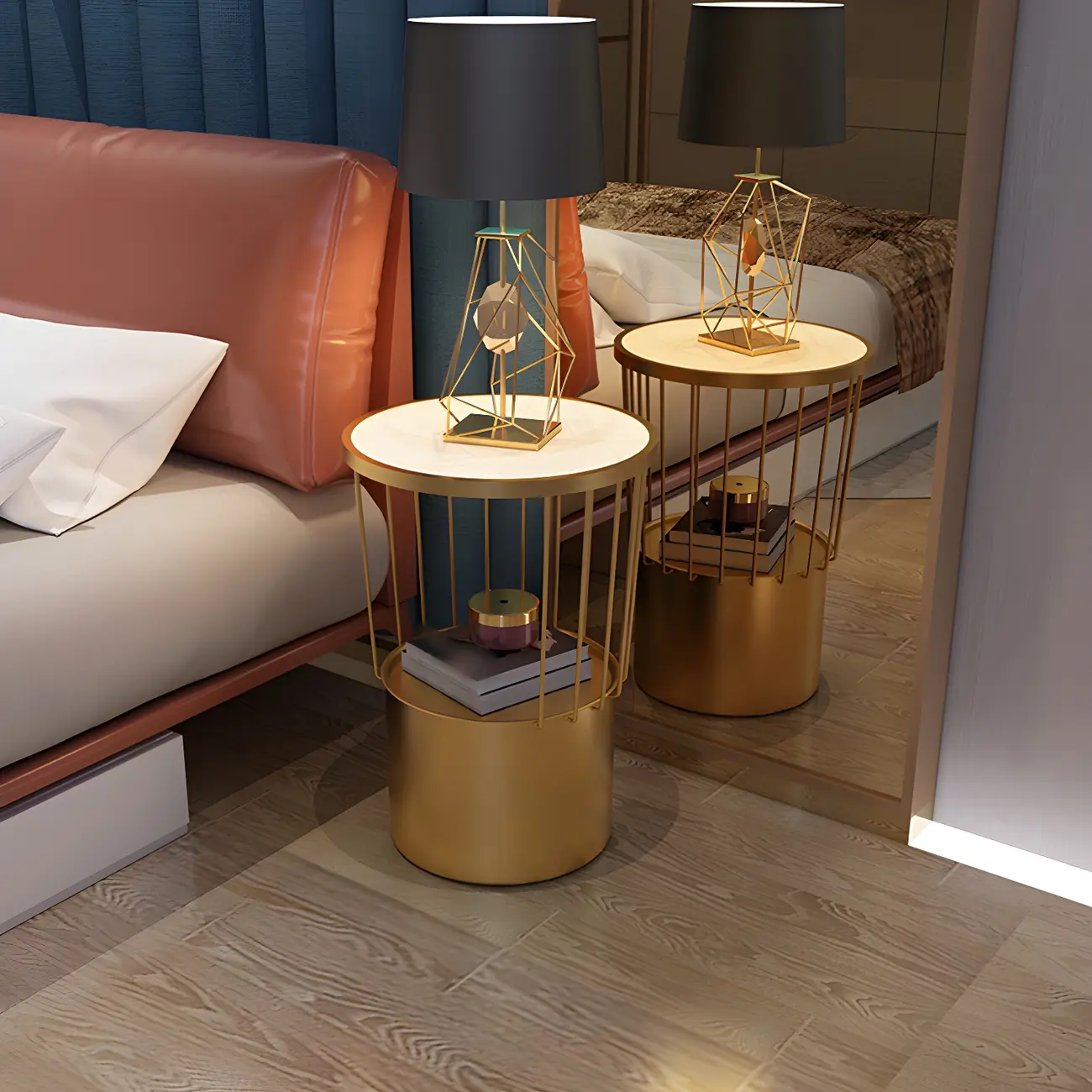 Modish Style Metal Drum Shape Bedside Table with Open Storage Image - 15 | homeyfad