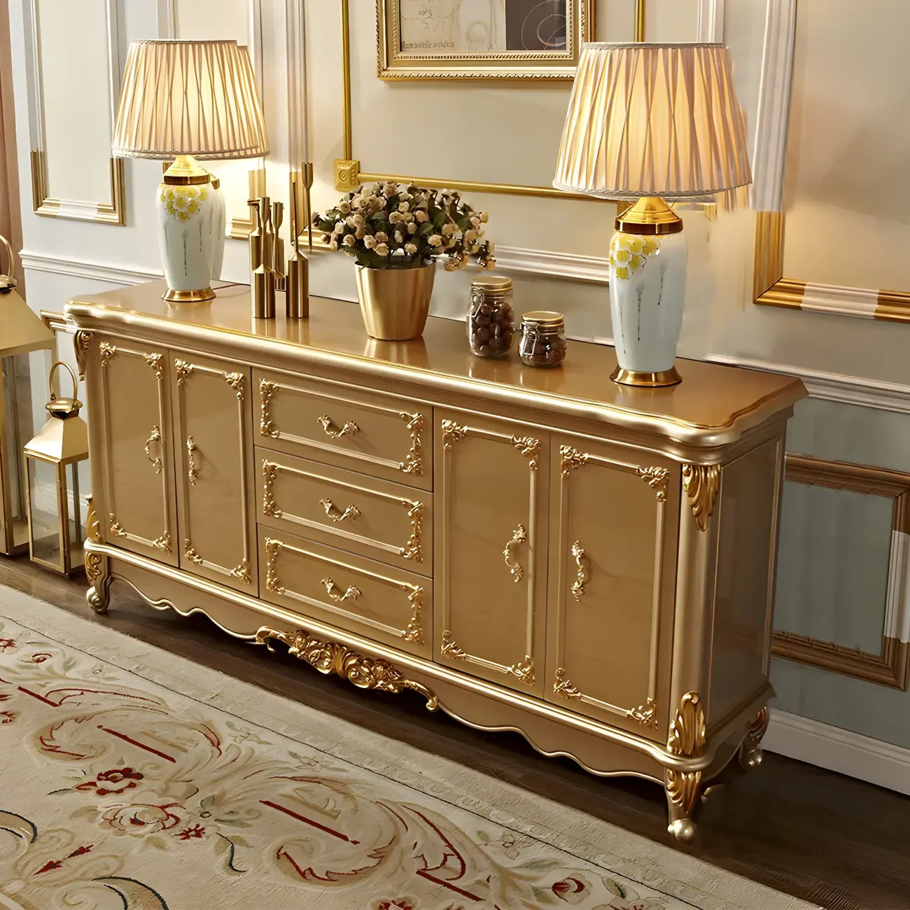 Luxury Gold Wooden Sideboard with Drawers and Doors Image - 18