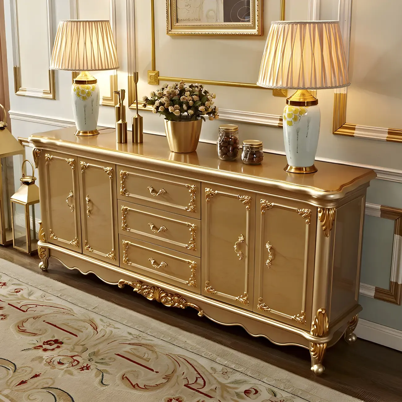 Luxury Gold Wooden Sideboard with Drawers and Doors Image - 19