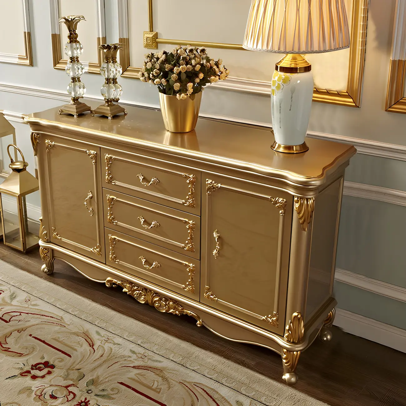 Luxury Gold Wooden Sideboard with Drawers and Doors Image - 21 | homeyfad