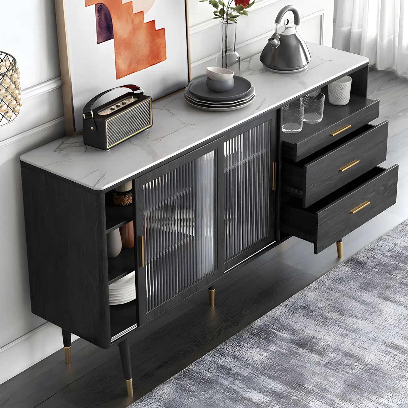Glam Black Wooden Buffets with Glass Doors & Drawers Image - 1 | homeyfad