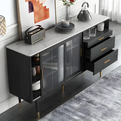 Glam Black Wooden Buffets with Glass Doors & Drawers Image - 1