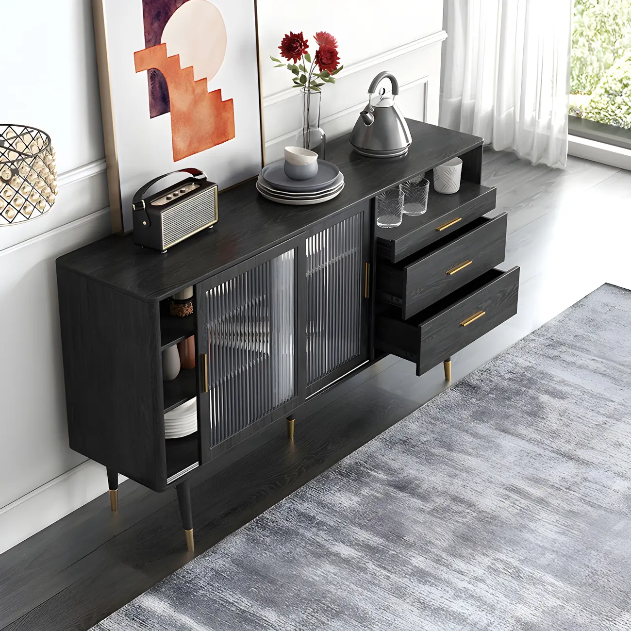 Glam Black Wooden Buffets with Glass Doors & Drawers Image - 2 | homeyfad