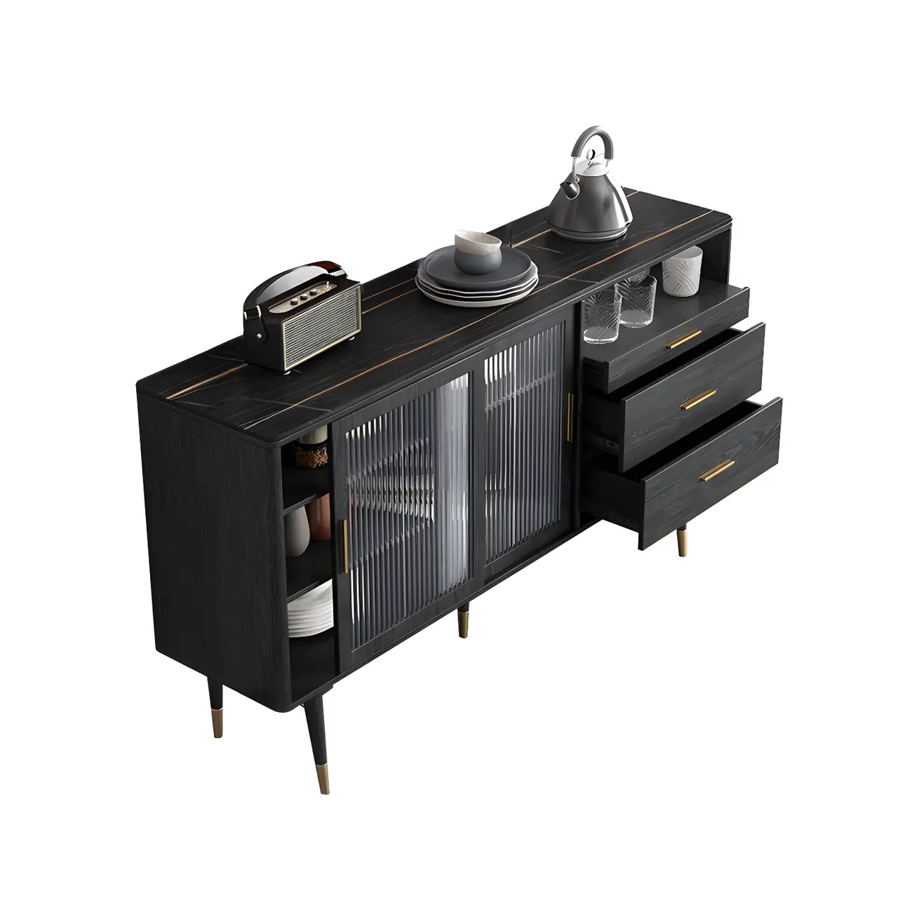 Glam Black Wooden Buffets with Glass Doors & Drawers Image - 3 | homeyfad