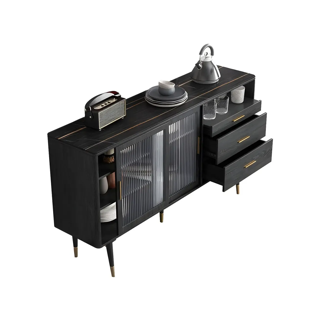 Glam Black Wooden Buffets with Glass Doors & Drawers Image - 3