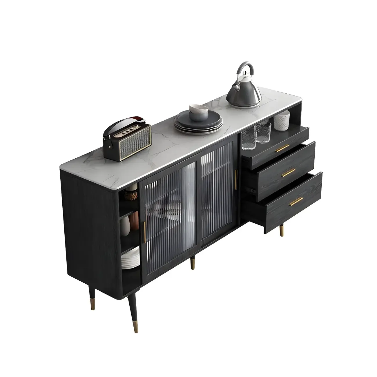 Glam Black Wooden Buffets with Glass Doors & Drawers Image - 4