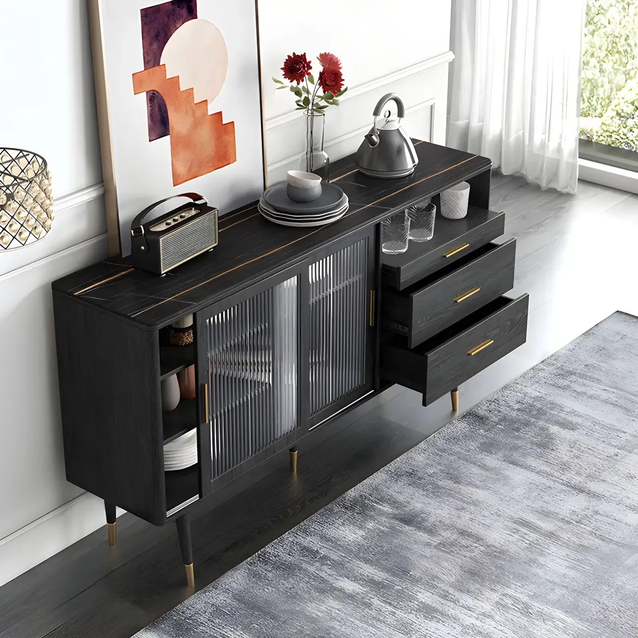Glam Black Wooden Buffets with Glass Doors & Drawers Image - 5