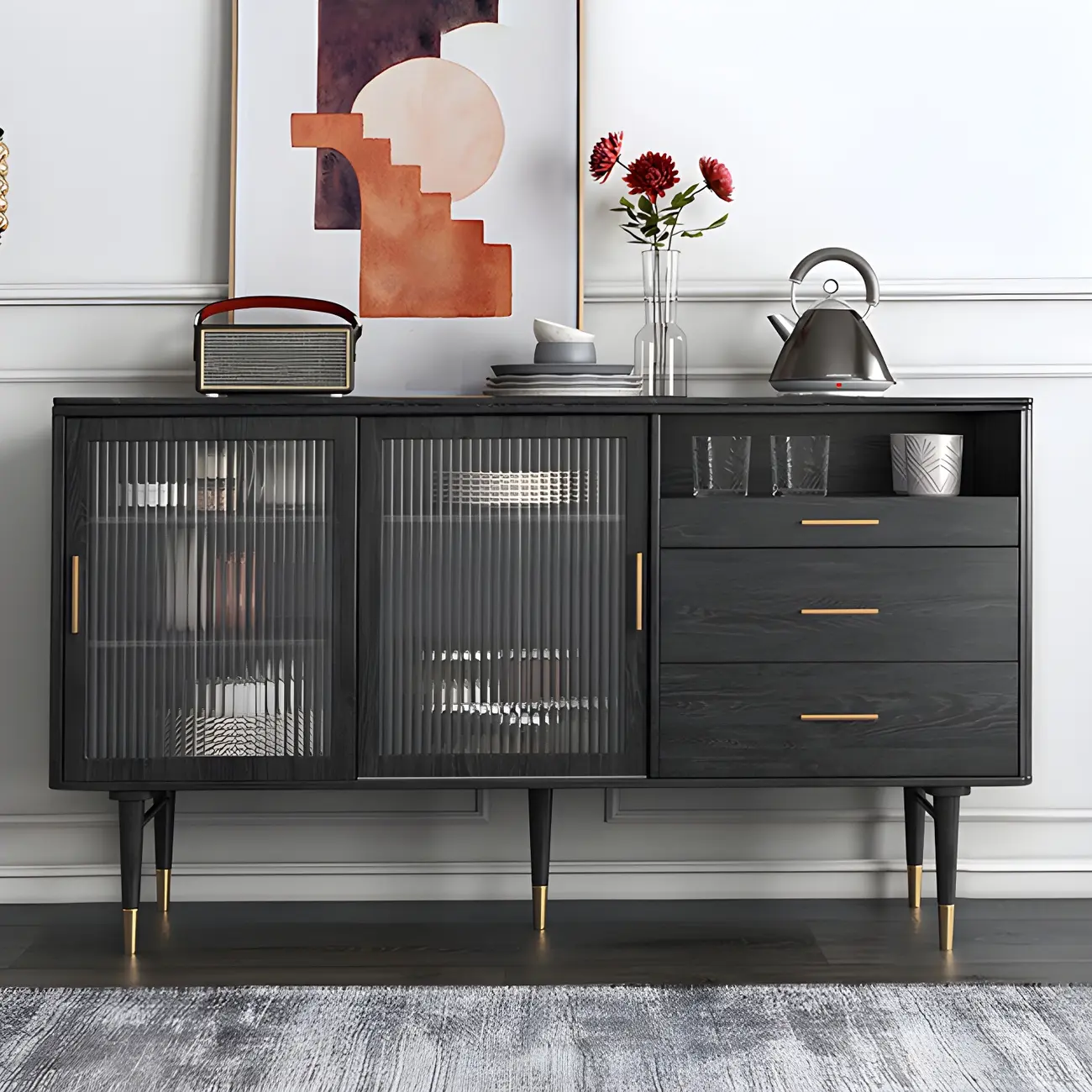 Glam Black Wooden Buffets with Glass Doors & Drawers Image - 6 | homeyfad