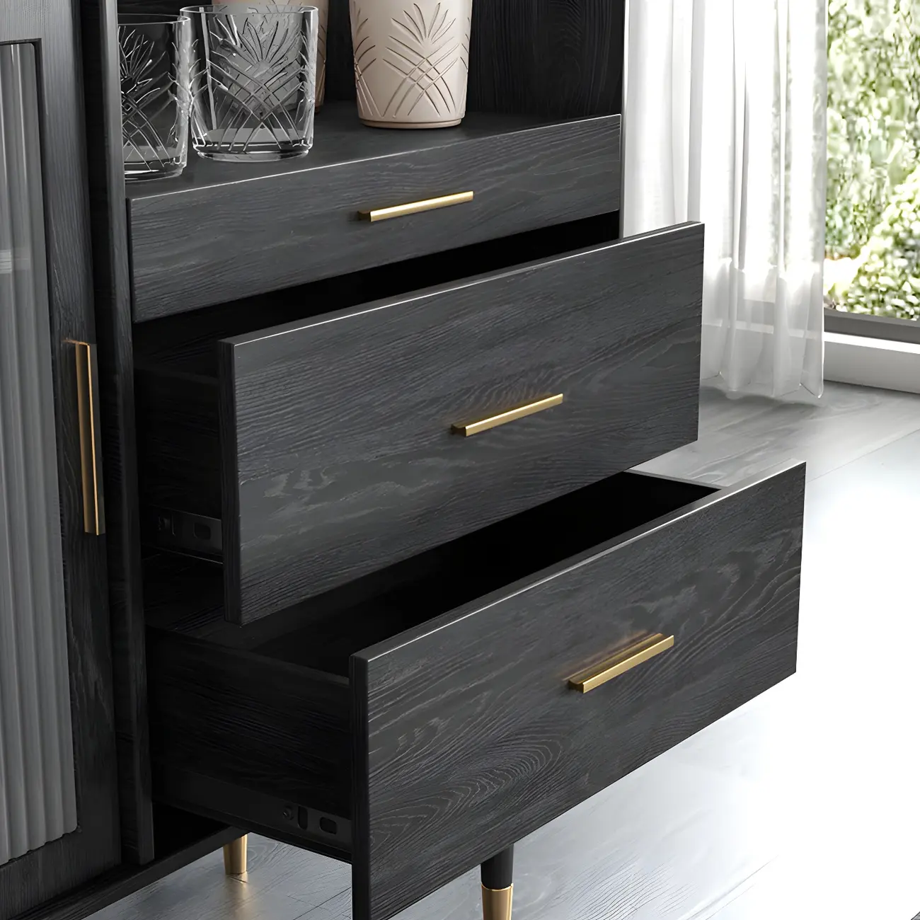 Glam Black Wooden Buffets with Glass Doors & Drawers Image - 9 | homeyfad