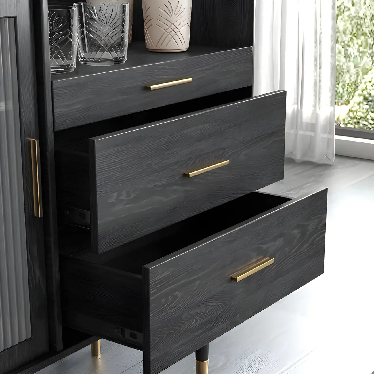 Glam Black Wooden Buffets with Glass Doors & Drawers Image - 9