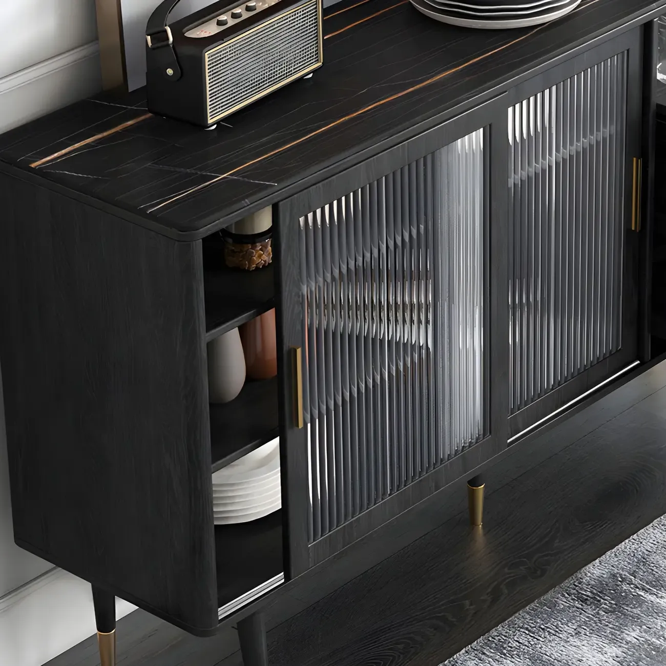 Glam Black Wooden Buffets with Glass Doors & Drawers Image - 10