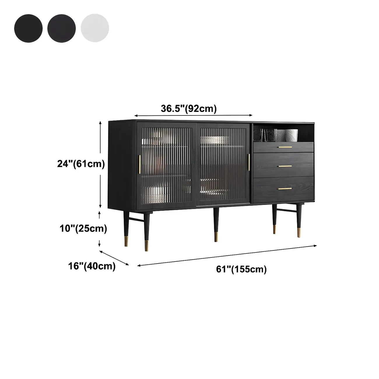 Glam Black Wooden Buffets with Glass Doors & Drawers #size