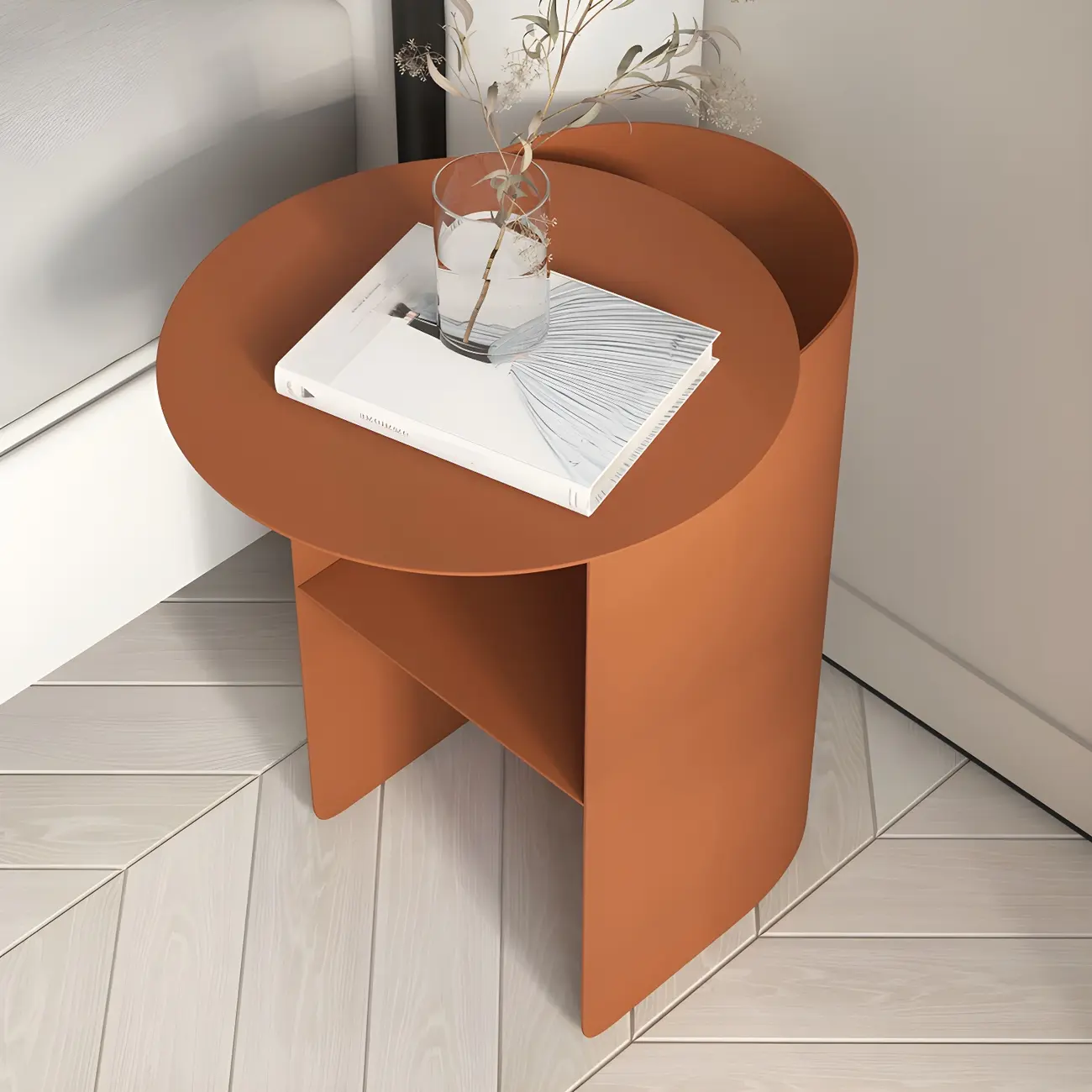 Modern Orange Metal Bedside Table with Open Shelf Storage Image - 1 | homeyfad