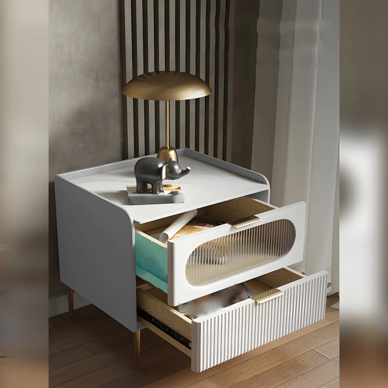 Simplistic White Wooden Bedside Table with Storage Drawers Image - 4 | homeyfad