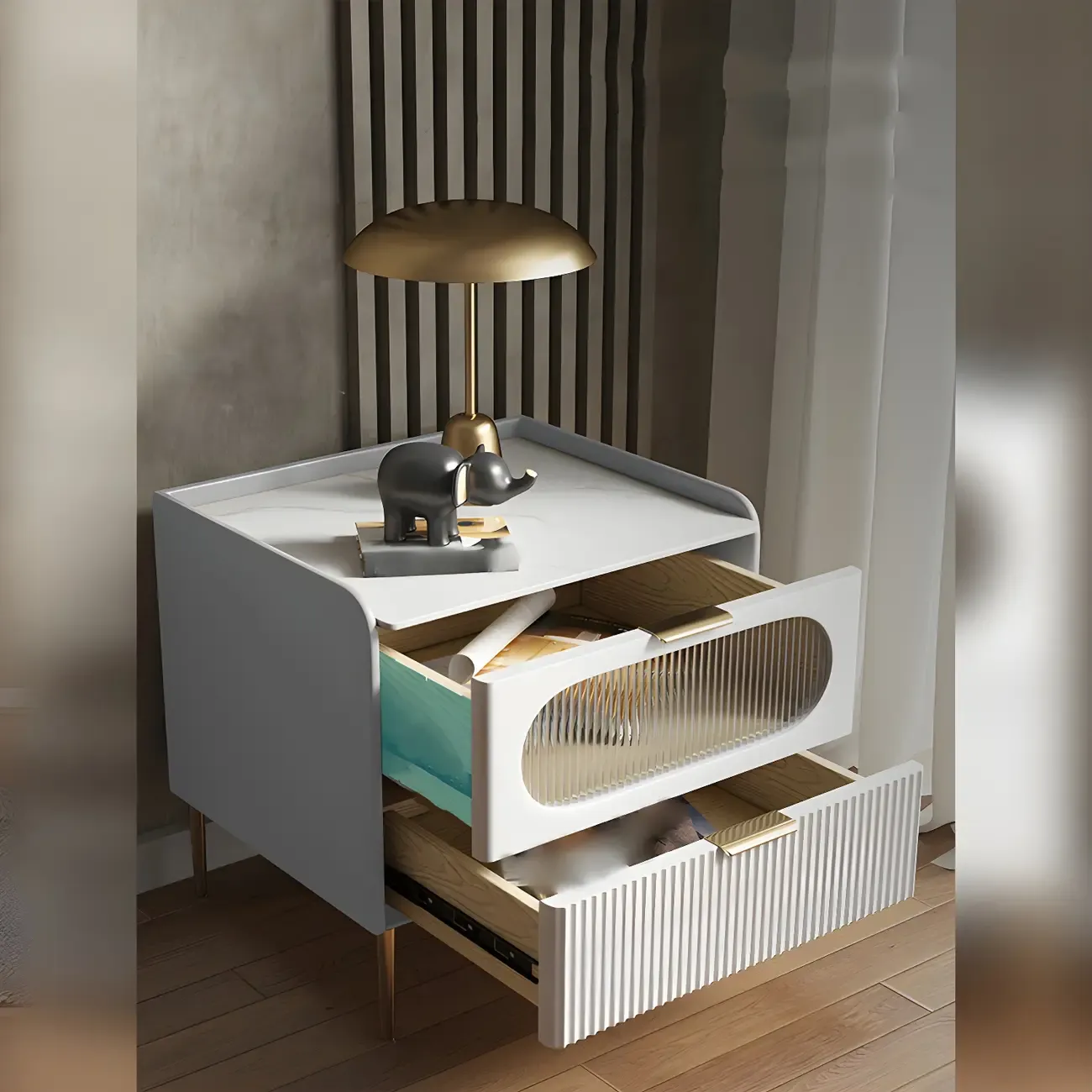 Simplistic White Wooden Bedside Table with Storage Drawers Image - 4