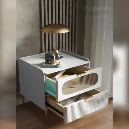 Simplistic White Wooden Bedside Table with Storage Drawers Image - 4