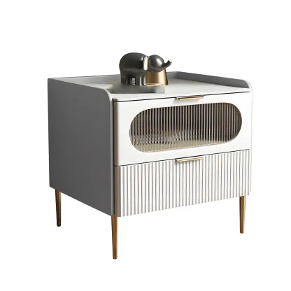 Simplistic White Wooden Bedside Table with Storage Drawers Image - 10