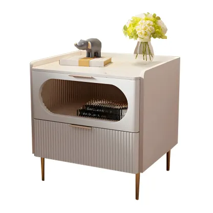 Simplistic White Wooden Bedside Table with Storage Drawers Image - 11