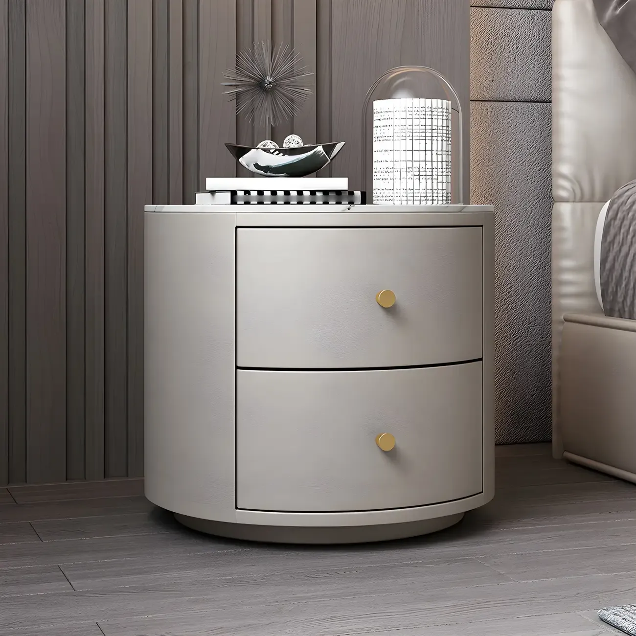Modern Faux Leather Round Bedside Table with Two Drawers in Grey Image - 1