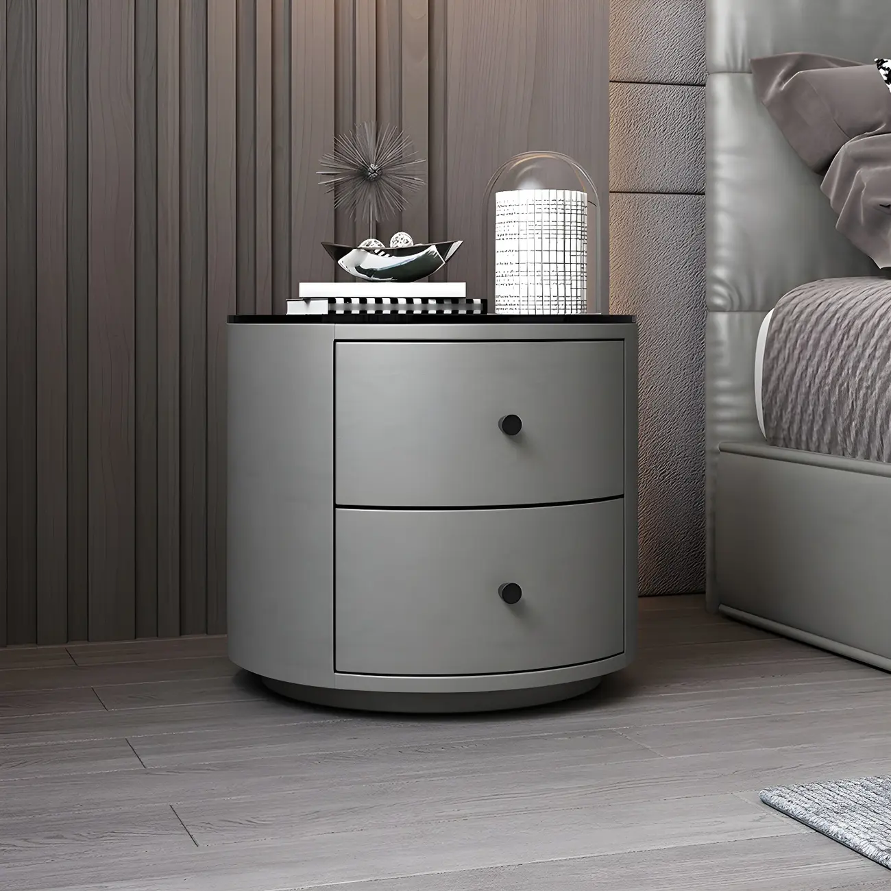 Modern Faux Leather Round Bedside Table with Two Drawers in Grey Image - 2 | homeyfad