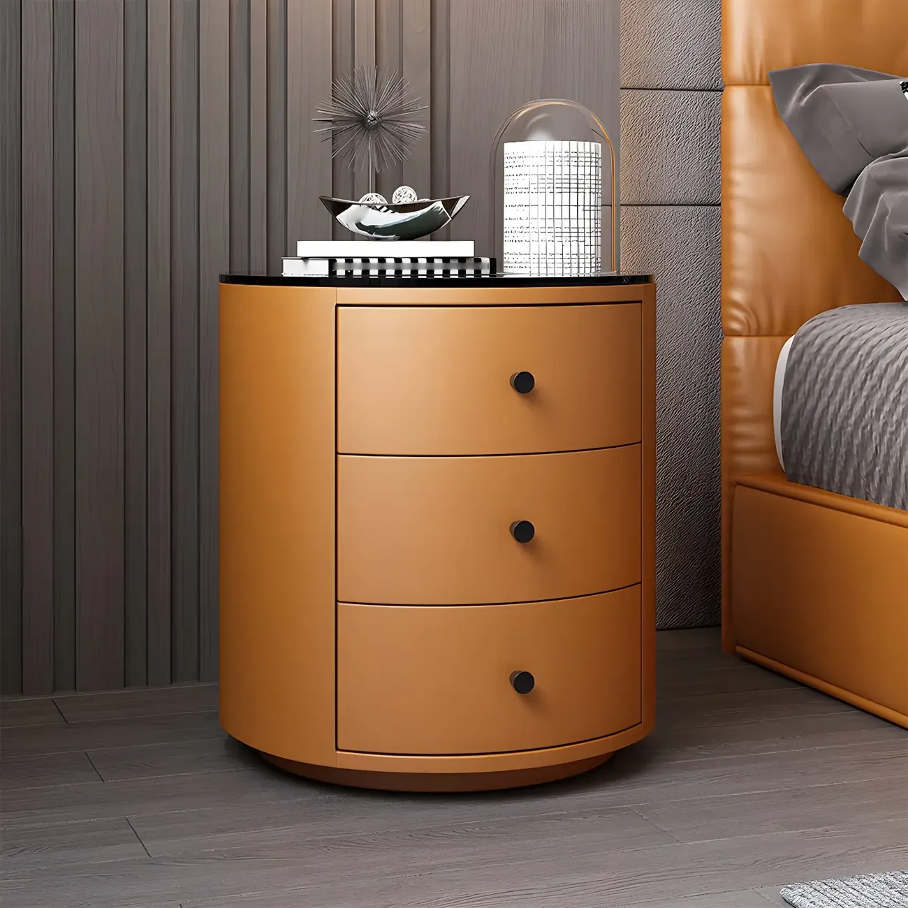 Modern Faux Leather Round Bedside Table with Two Drawers in Grey Image - 3