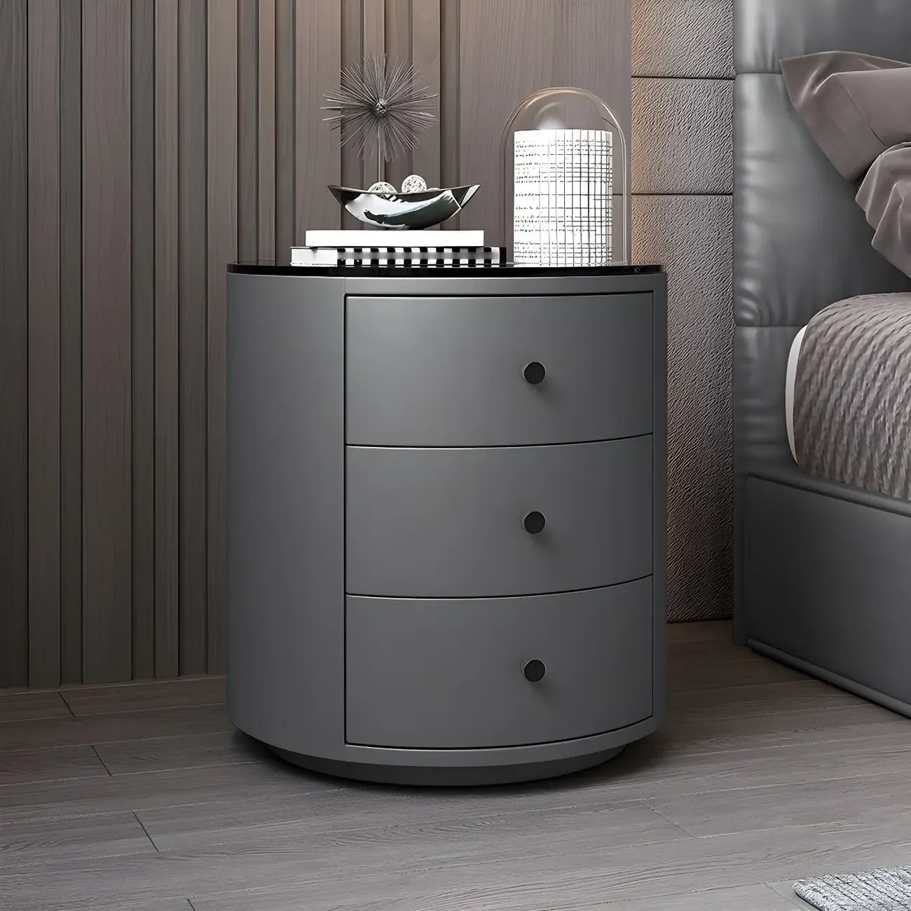 Modern Faux Leather Round Bedside Table with Two Drawers in Grey Image - 4