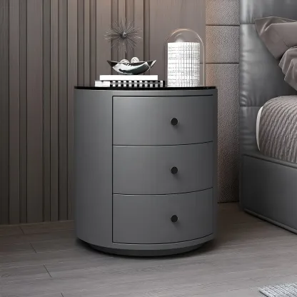 Modern Faux Leather Round Bedside Table with Two Drawers in Grey Image - 4