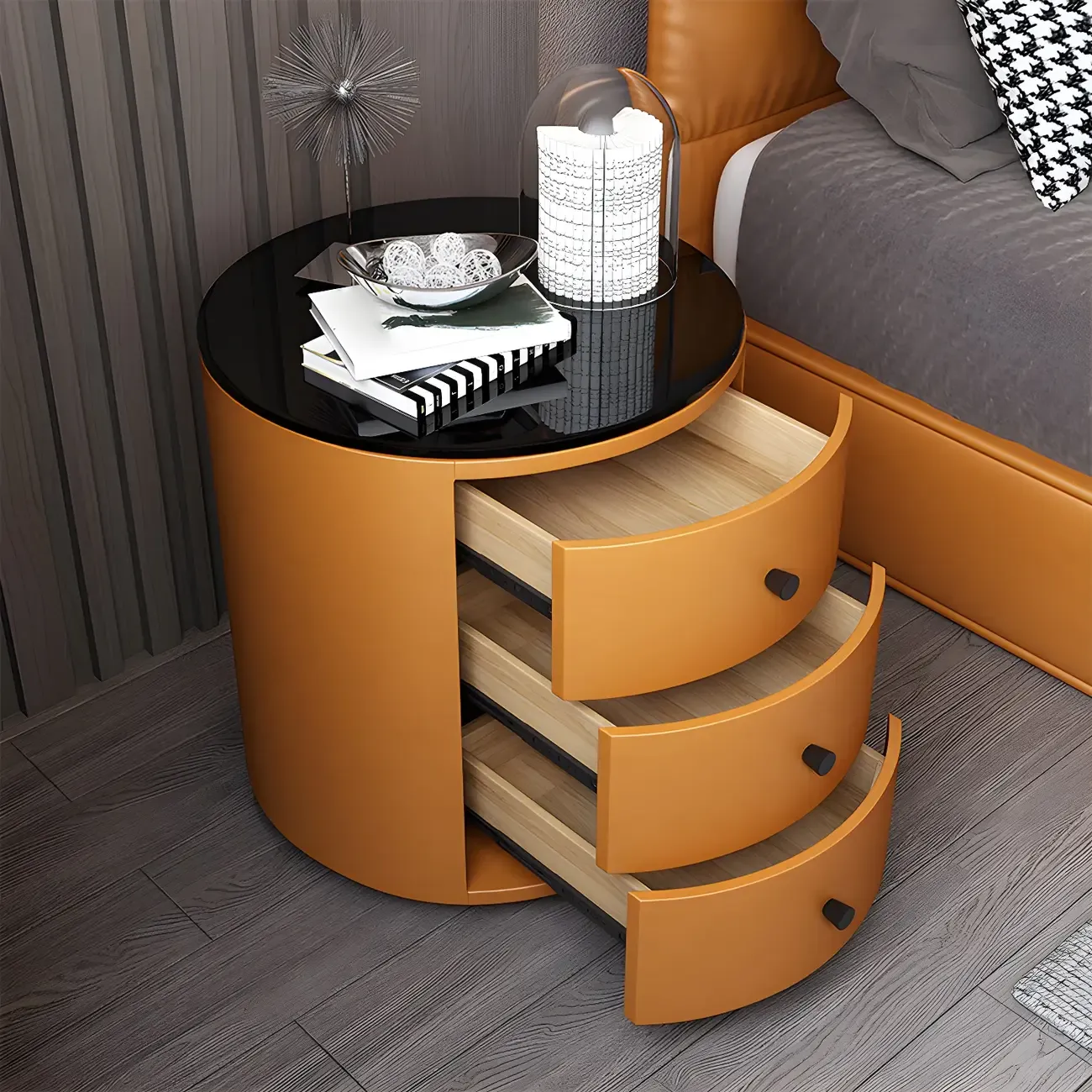 Modern Faux Leather Round Bedside Table with Two Drawers in Grey Image - 5