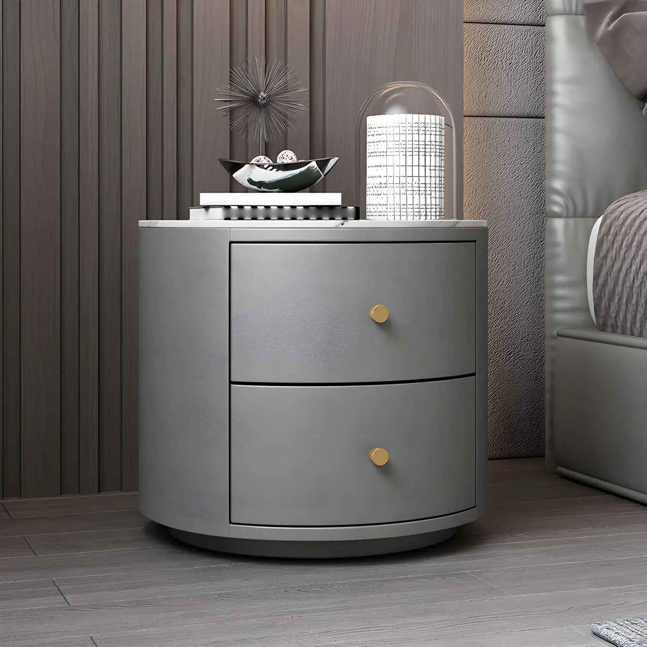 Modern Faux Leather Round Bedside Table with Two Drawers in Grey Image - 6 | homeyfad