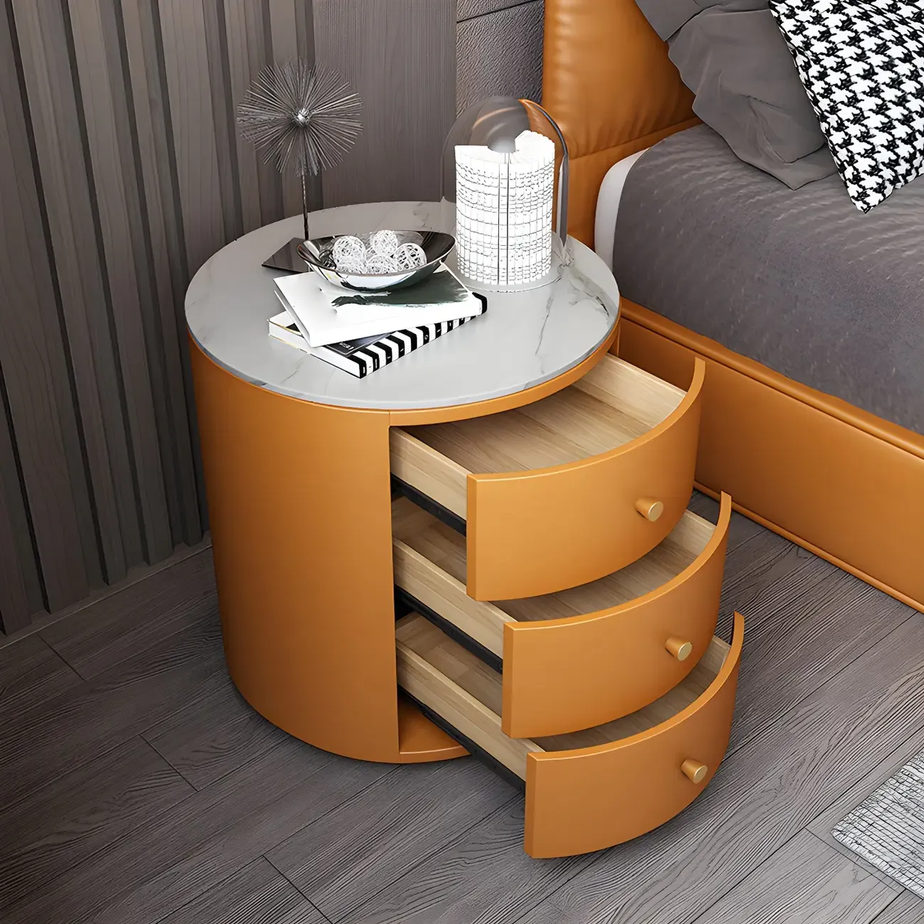 Modern Faux Leather Round Bedside Table with Two Drawers in Grey Image - 7