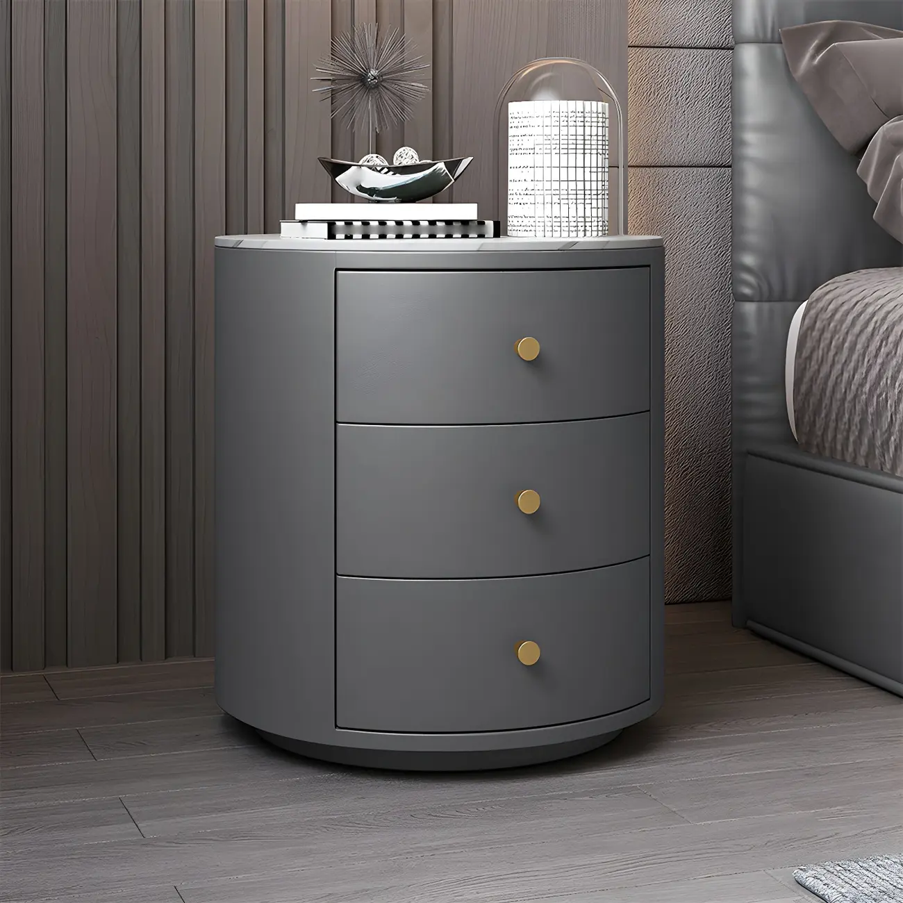 Modern Faux Leather Round Bedside Table with Two Drawers in Grey Image - 8 | homeyfad
