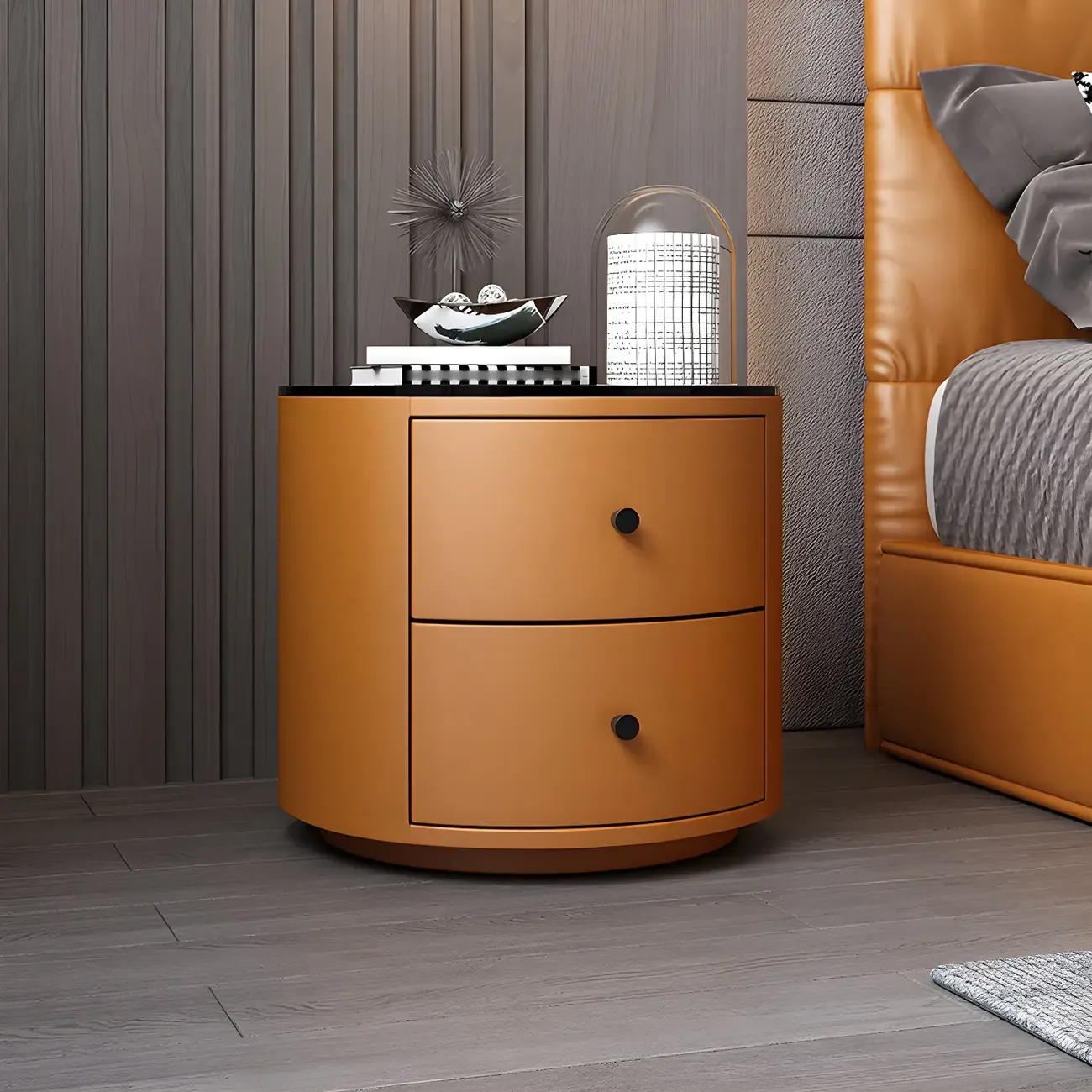 Modern Faux Leather Round Bedside Table with Two Drawers in Grey Image - 10