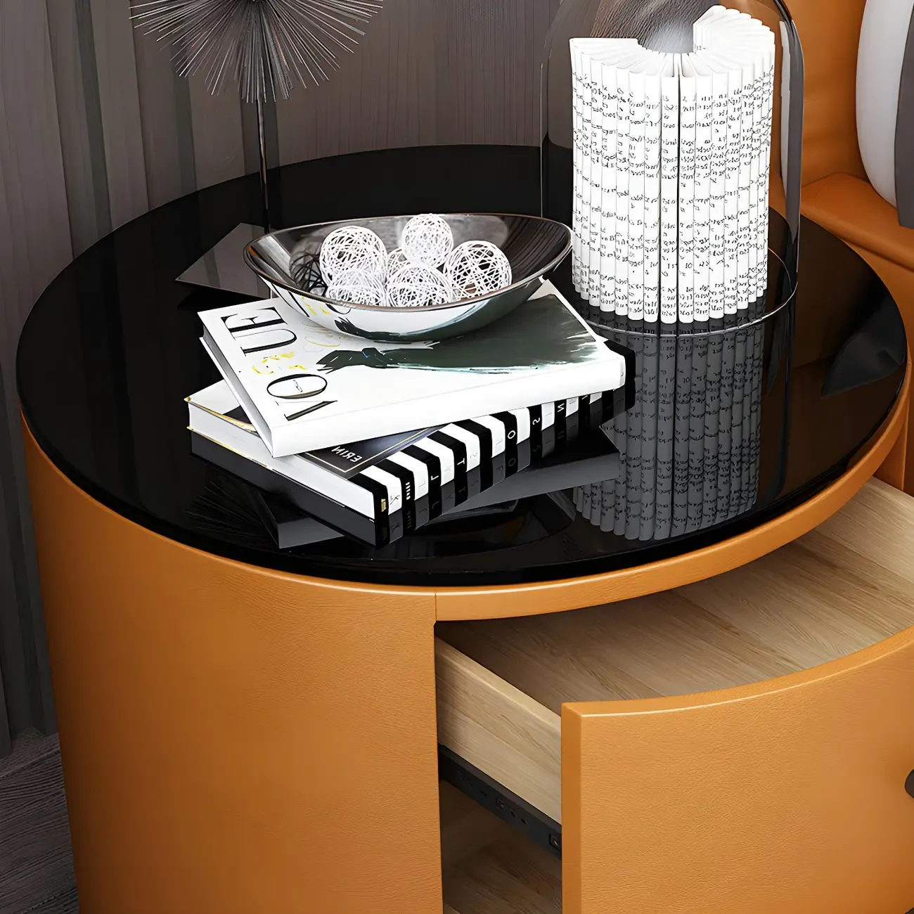 Modern Faux Leather Round Bedside Table with Two Drawers in Grey Image - 11