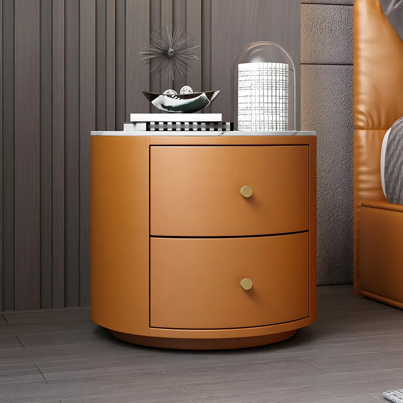 Modern Faux Leather Round Bedside Table with Two Drawers in Grey Image - 12
