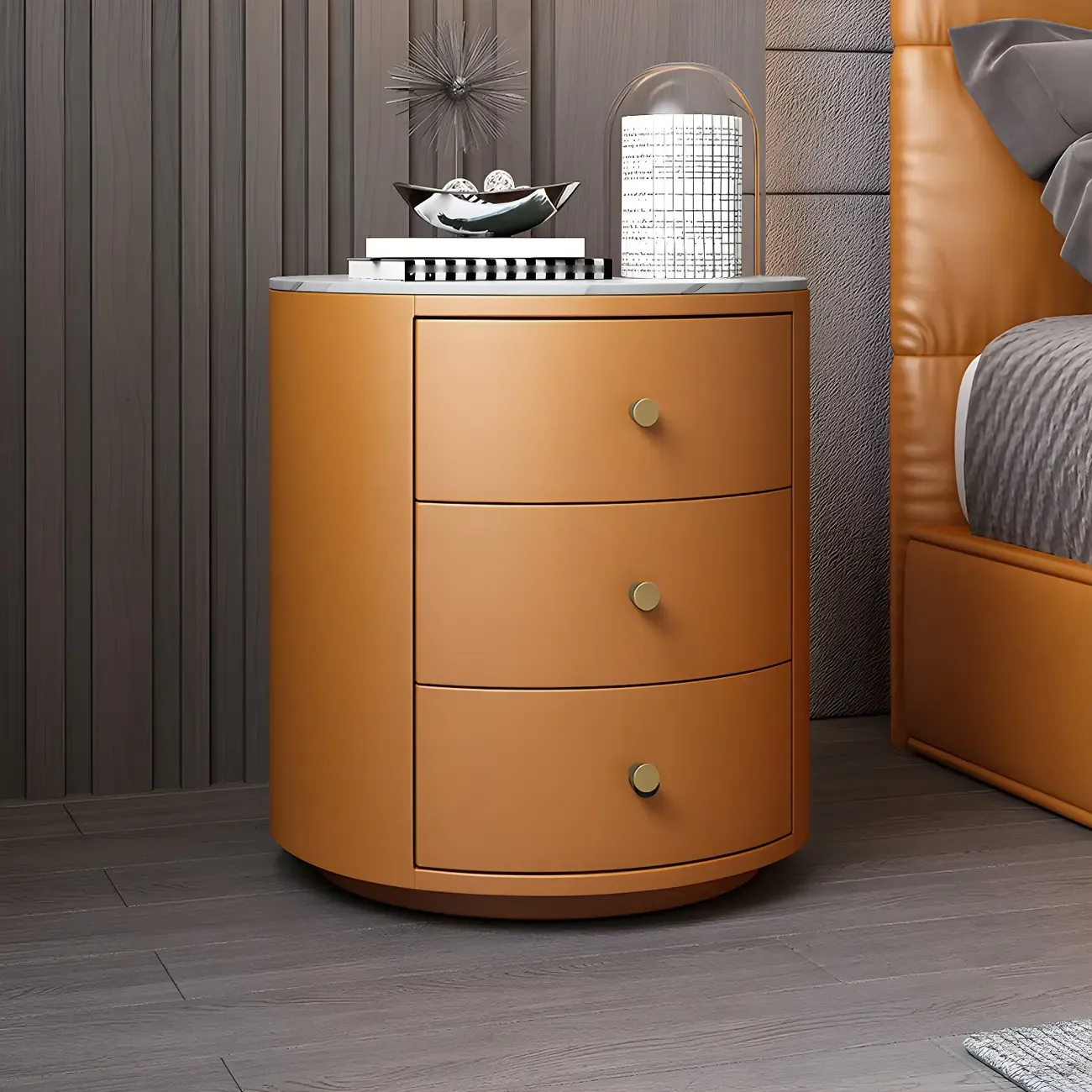 Modern Faux Leather Round Bedside Table with Two Drawers in Grey Image - 13