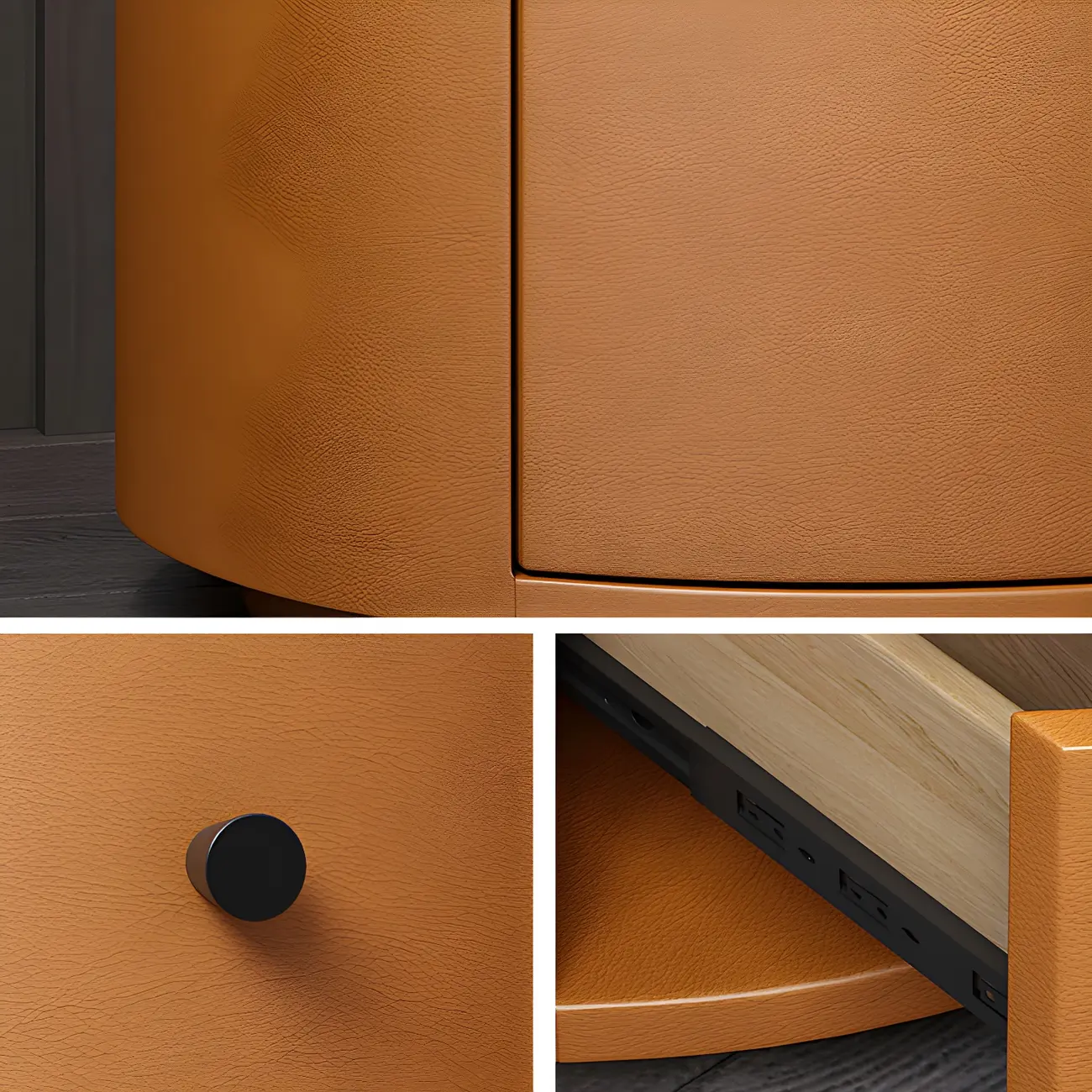 Modern Faux Leather Round Bedside Table with Two Drawers in Grey Image - 14 | homeyfad