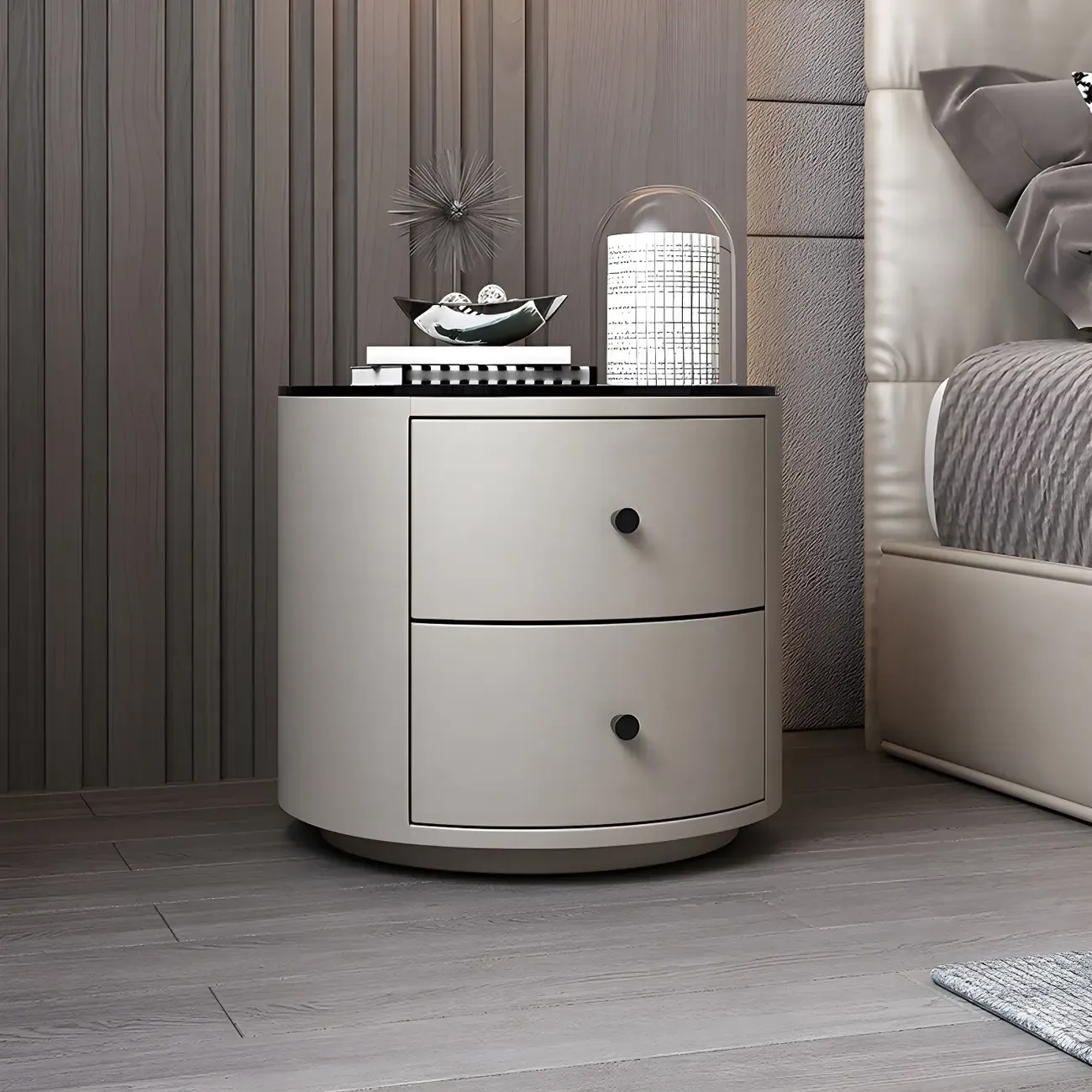 Modern Faux Leather Round Bedside Table with Two Drawers in Grey Image - 15