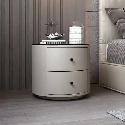 Modern Faux Leather Round Bedside Table with Two Drawers in Grey Image - 15