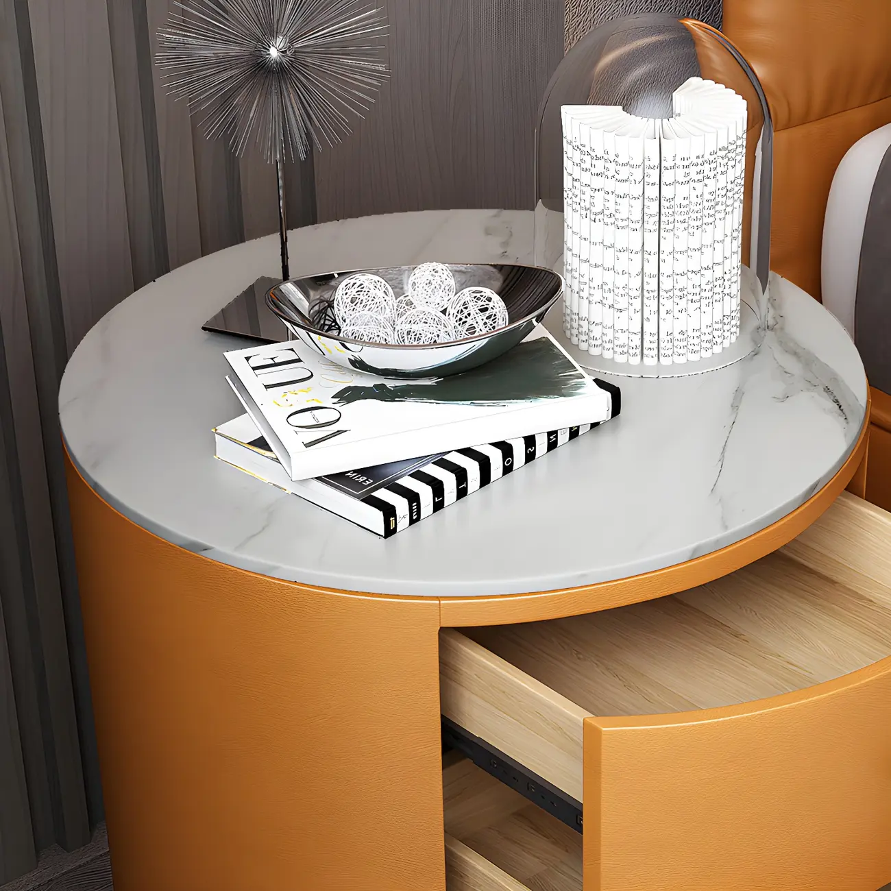 Modern Faux Leather Round Bedside Table with Two Drawers in Grey Image - 16 | homeyfad